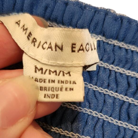 American Eagle Smocked-Waist Tiered A-Line Mini Skirt Boho Pull On  Blue Medium - Picture 5 of 7